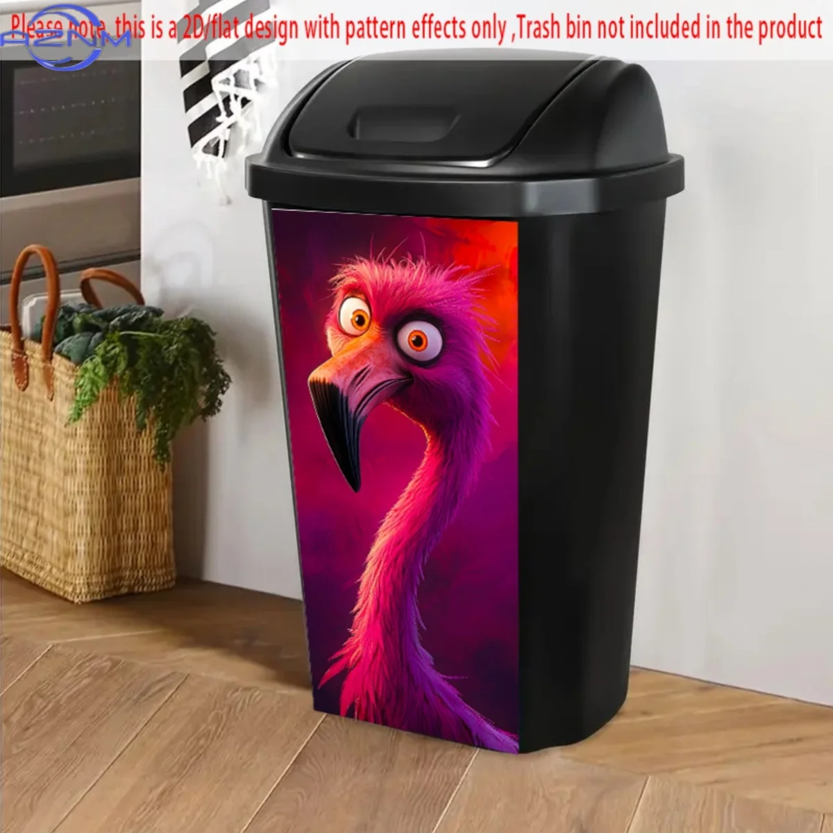 2D/FLAT, Self-Adhesive Dustbin Stickers, 14.57 X 32.28 Inches, Pink Flamingo with Intense Gaze, Feathery Detail, Vivid Magenta