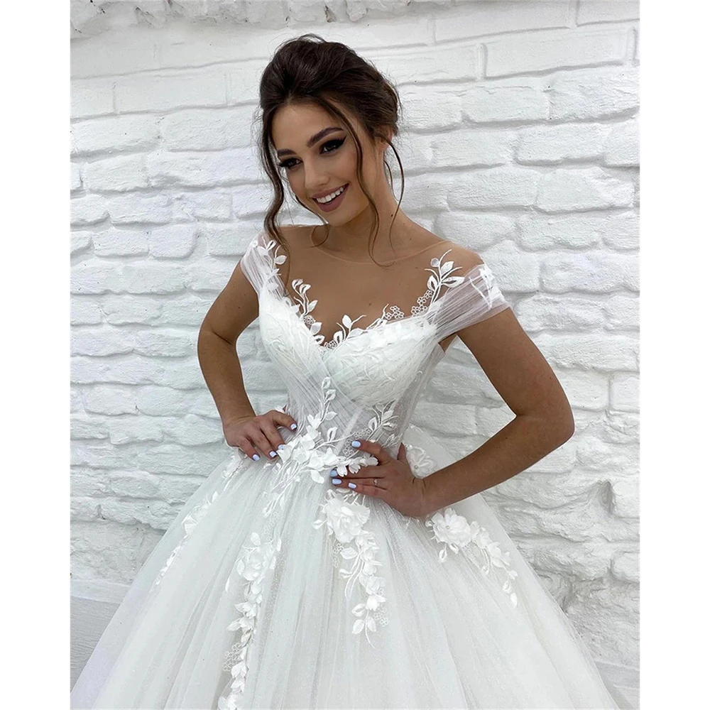 

Romantic White A Line Cap Sleeve Wedding Dress Elegant Tulle Scoop Neck 3D Appliques Bridal Gowns Vestidos De Novia