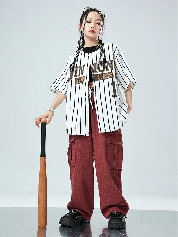 男の子女の子ヒップホップコスチュームセット子供ストリートウェアストライプ半袖野球シャツジーンズパンツスーツキッズステージショー服