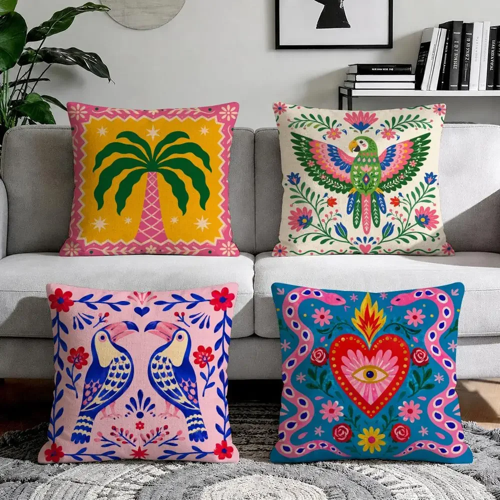 Maximalist Mexican Folk Art Cushion Cover Natural Breathable Durable Linen Printed Decor Pillow Case Sofa Bedroom