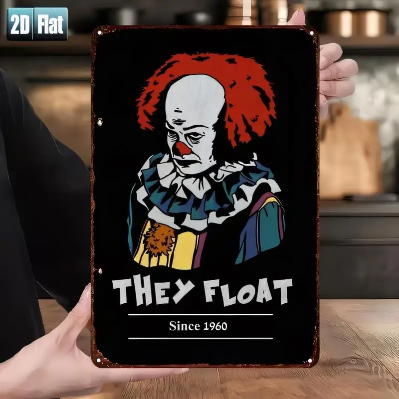 They Float Since 1960 Pennywise Clown Vintage Metal Sign - Retro Horror Wall Art (Iron, Black) - Perfect for Bars, Escape Rooms,