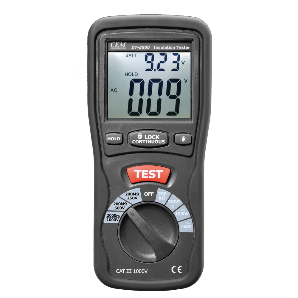 CEM DT-5500 Digital High Voltage Insulation Tester MegOhmMeter CAT III 1000V, 2000 Mega Ohm