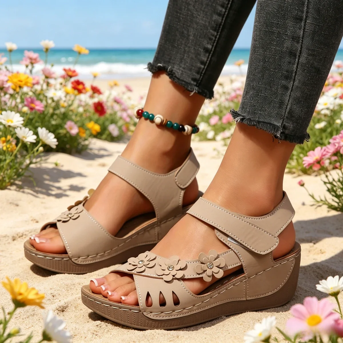 Damen-Keilsandalen mit Blumenmuster, Sommer-Plateausandalen, klobiger Absatz, offene Zehenpartie, Strandschuhe, lässige Outdoor-Sandalen, Strandschuhe – Detail 3