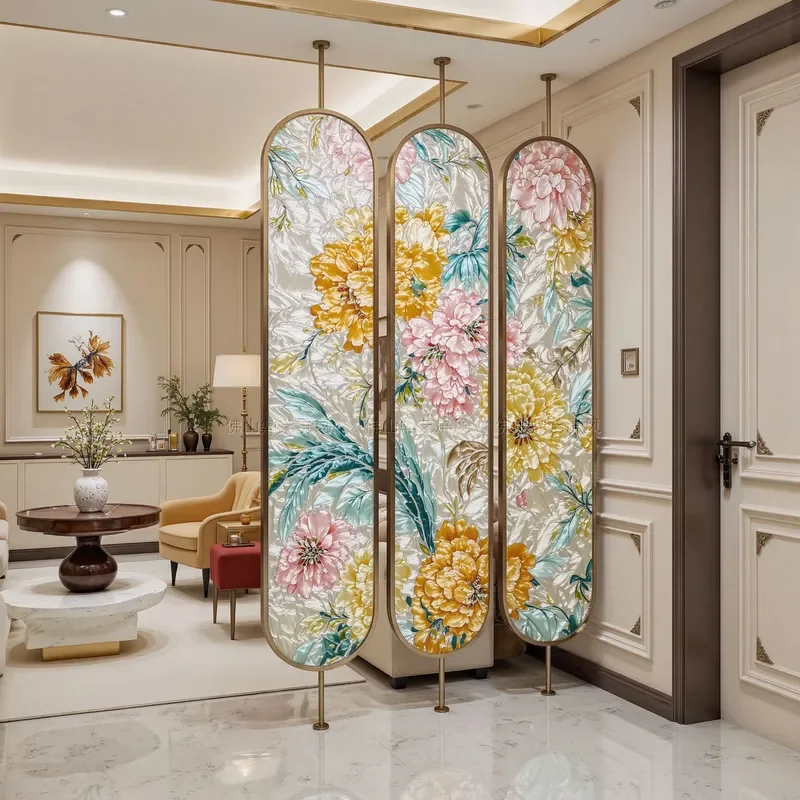 Modern Handmade Art Glass Filigree Enamel Rotating Screen Stainless Steel Tempered Light Transmission Entrance Partition