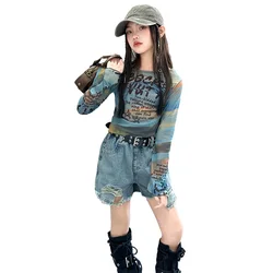 Kids Girl Hip Hop Clothing Sets Long Sleeves Crop Tops Denim Shorts New Fashion Clothes Streetwear Dance Stage Costume 2PCS Suit