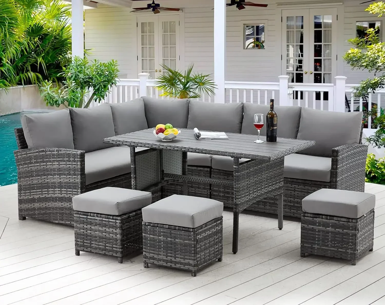 Patio Furniture Set 7 Pieces Outdoor Patio Furniture with Dining Table&Chair All Weather Wicker Conversation Set with Ottoman