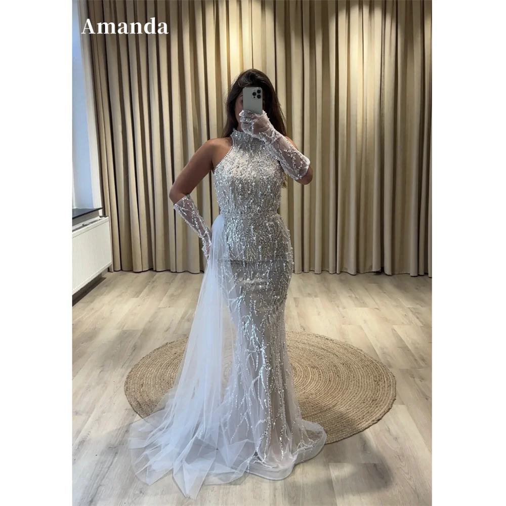 

Amanda Индивидуальные платья для выпускного вечера русалки с высоким воротом и бисером с прозрачными перчатками, платья de noche, роскошные вечерние платья длиной до пола