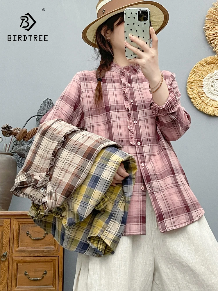 

New 2025 Autumn Cotton Long Sleeve Shirt, Women Stand Ruffles Plaid, Mori Girl Fashion Comfortable Casual Loose Blouse T58757CC