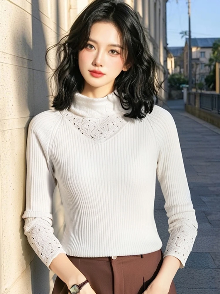 

Осенний женский вязаный свитер 2025 года с длинным рукавом, теплый, с ажурным узором, приталенный, базовый топ для повседневной носки, прямой крой
