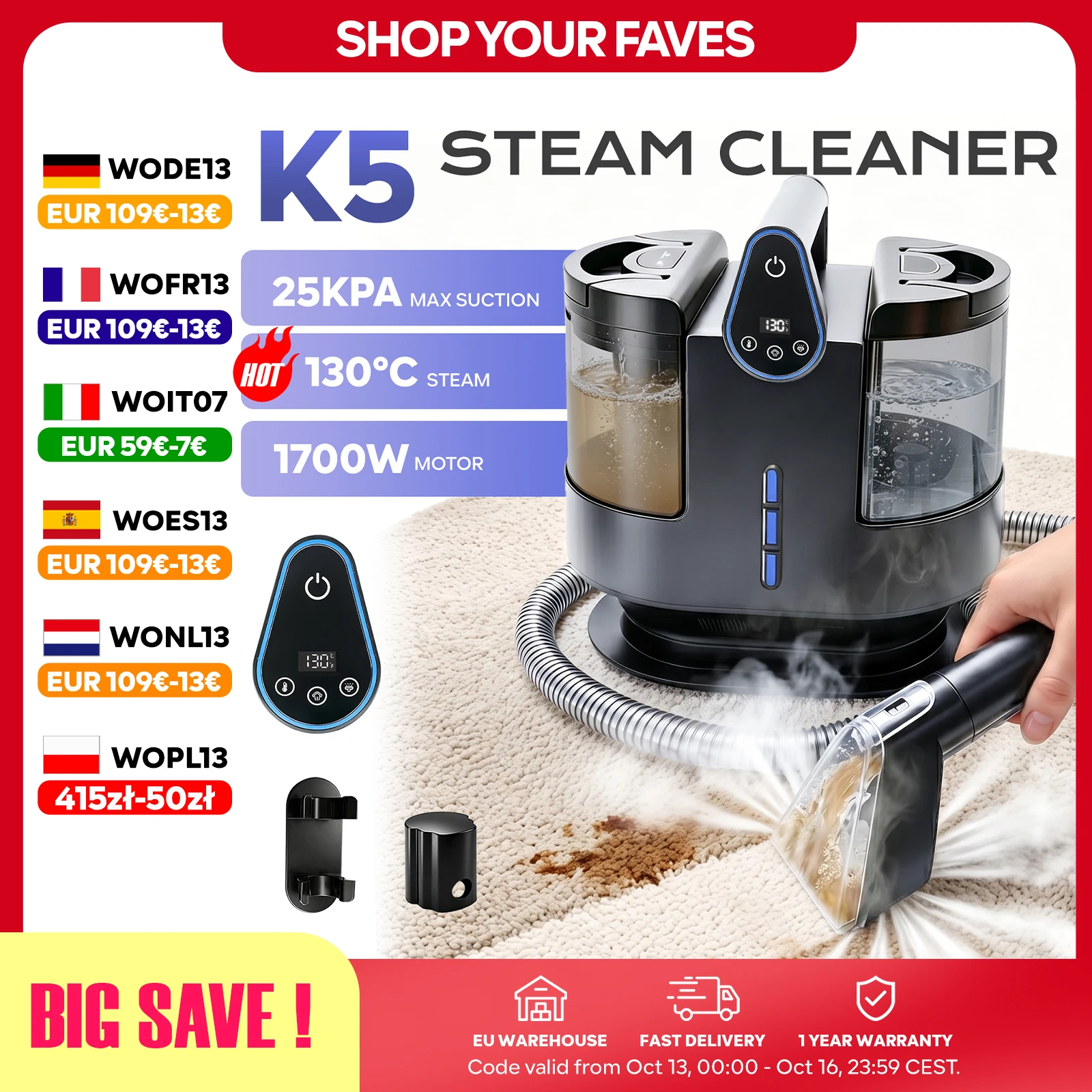 Image of INSE K5 1700W 25kPa Dampf-Teppichreiniger, 5 Temperaturstufen 3 Saugmodi Handgehaltene Sprüh- und Saugmaschine, Große Wassertanks LED-Touchdisplay für Sofa- und Matratzenreinigung