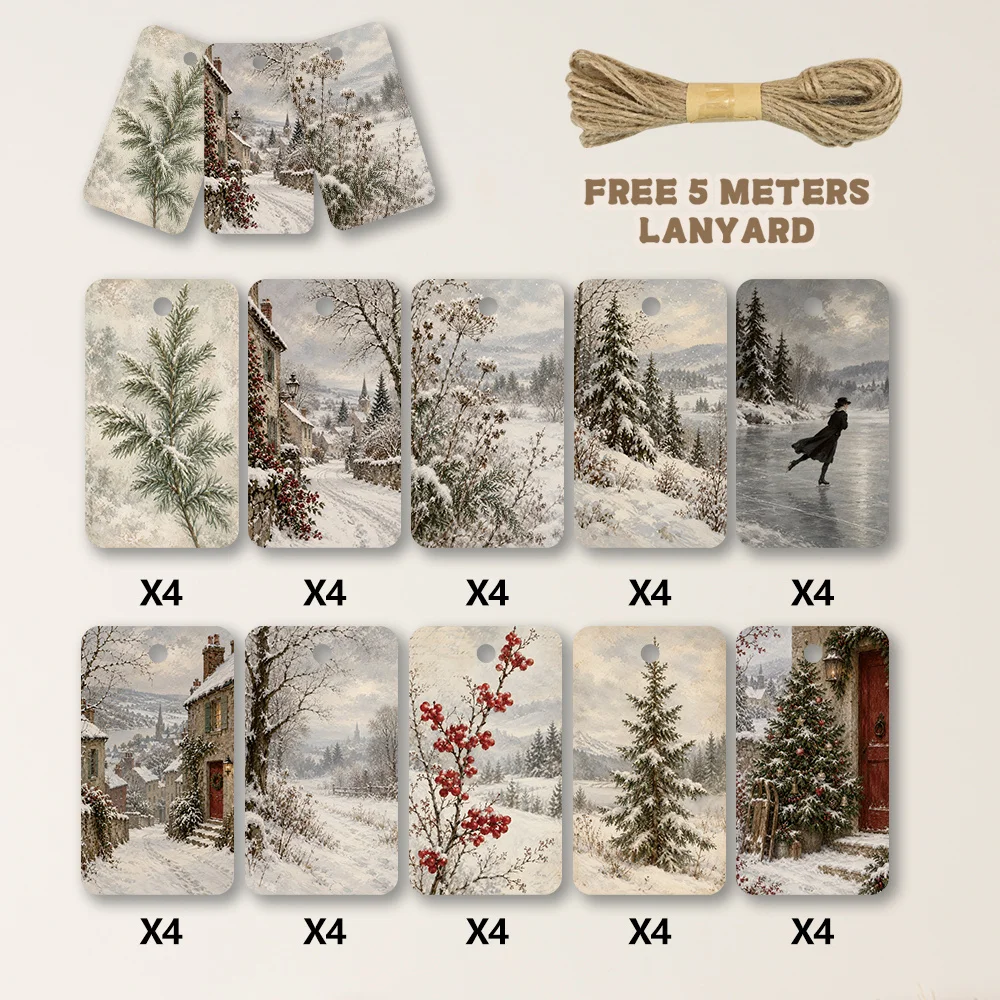 40pcs, Gift Tags, Vintage Oil Painting Snow Scene, Hanging Paper Labels for Gift Wrapping, Holiday Party Decor with String