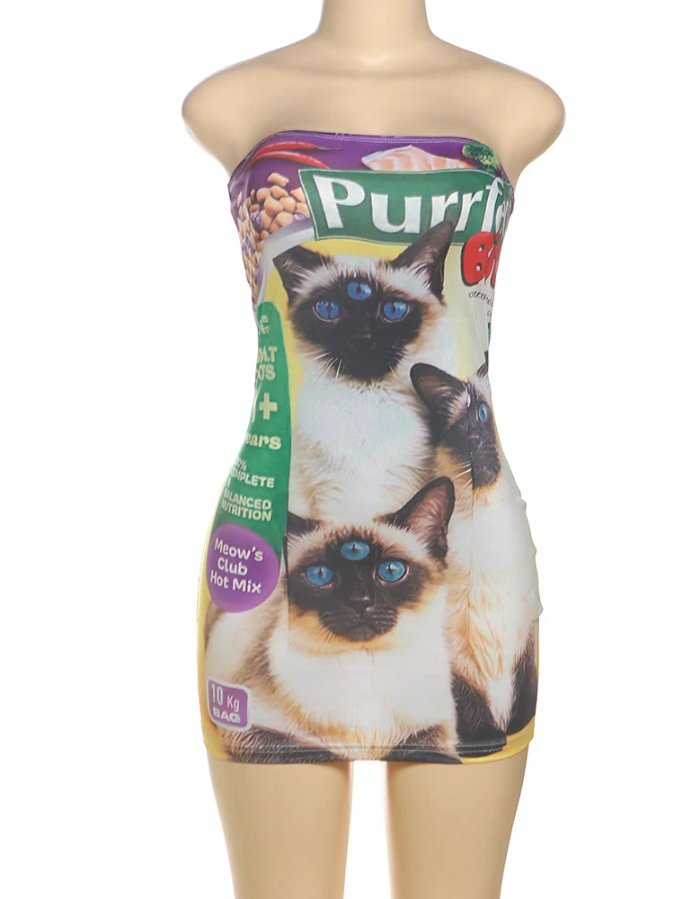 Nibber Sexy Kat Brief Print Vrouwen Jurk Y2K Leuke Zomer Trend Strapless Strakke Stretch Hipster Skinny Midnight Club Mini Bodycon