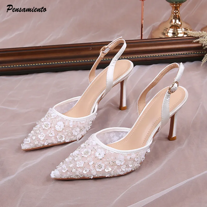 

Fashion Sequined Lace Flowers Women Pumps Elegant Pointed toe Satin Wedding Thin High heels Summer Female Party Bridal Shoes