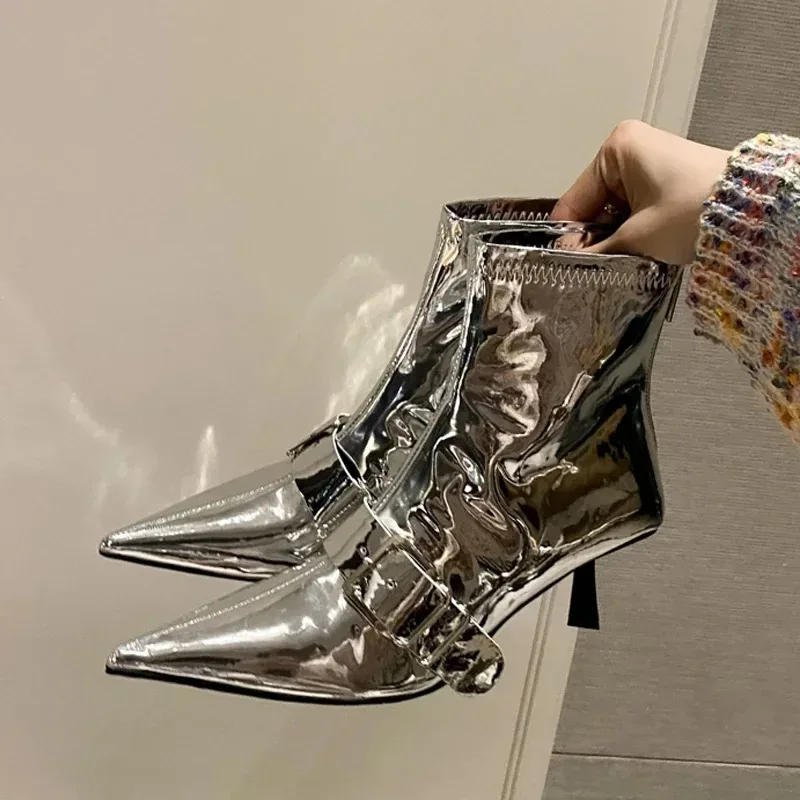 

Luxury Designer Women's Shoes 2026 Sexy Patent Leather Ankle Boots for Woman Fashion Pointed Tip High Heeled Boots Botas Mujer