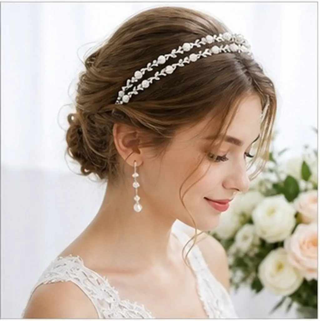 Bridal Pearl Headband Double Layer Rhinestone Leaf Wedding Hairband for Bride Bridesmaids Wedding Hair Accessories Silver Metal