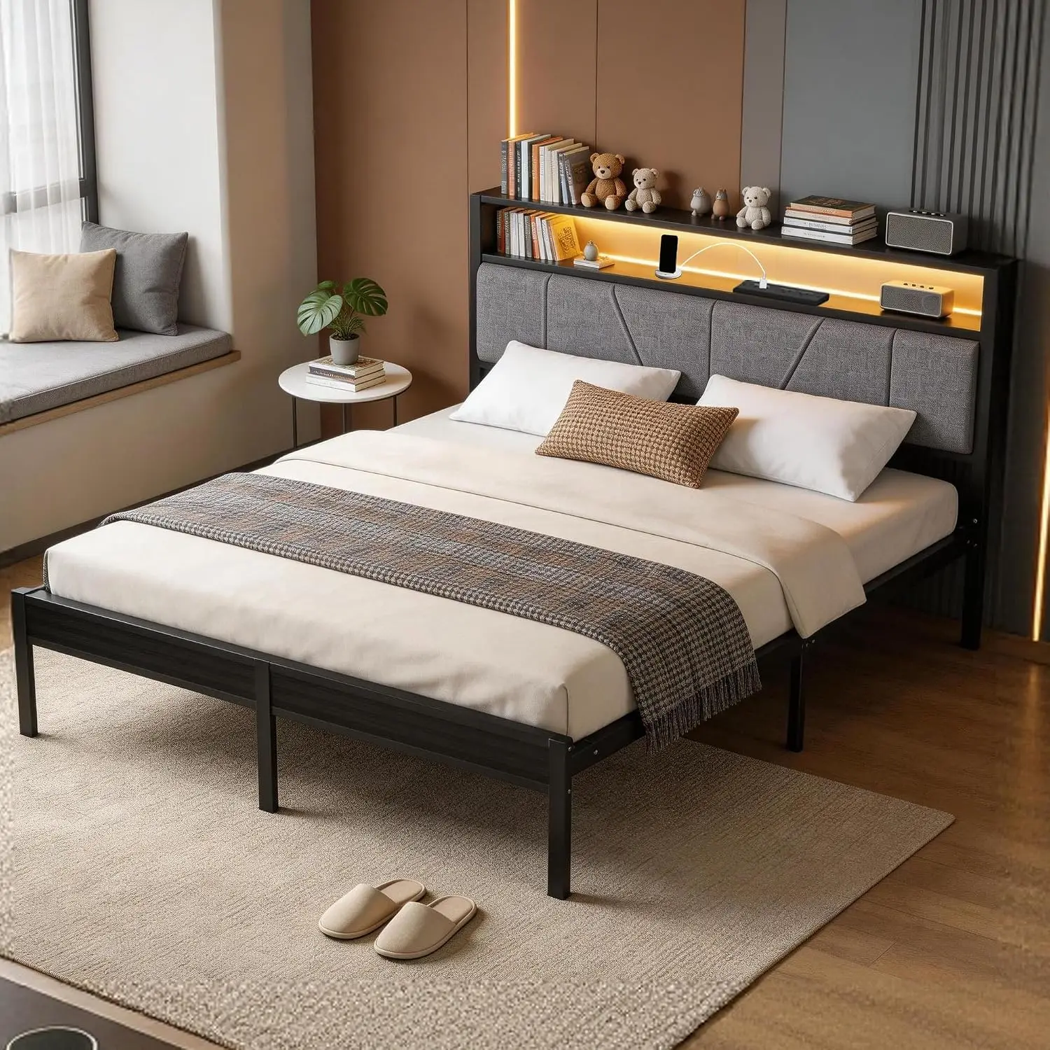 Queen Bed Frame LED Storage Headboard Metal Platform Charging Station No Box Spring Noise Free Easy Assembly Grey, Customized