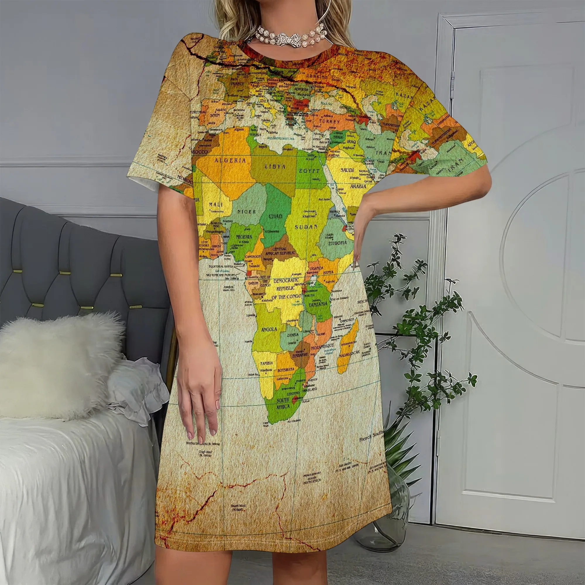 Vintage Map Print,Short Sleeve Dress,Africa World Map,Geography Pattern,Travel Theme,Women's Casual Wear,S-2XL