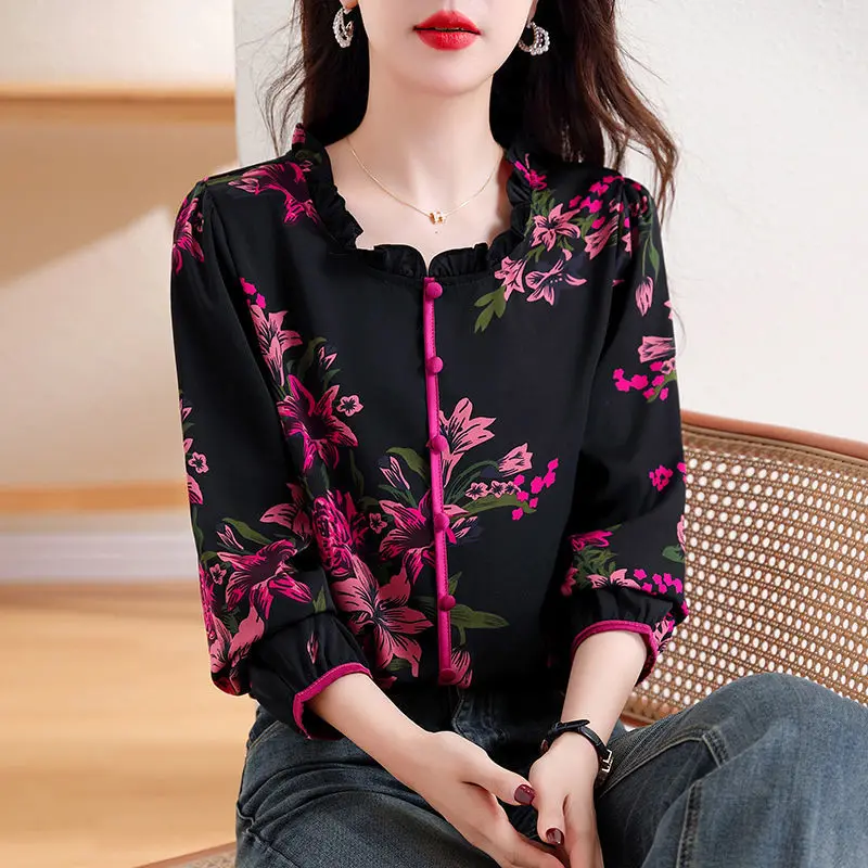 Women\'s Long Sleeved Spring and Autumn New Print Versatile Pullover Loose Temperament Chinese Style Top Chiffon Blouses Shirt