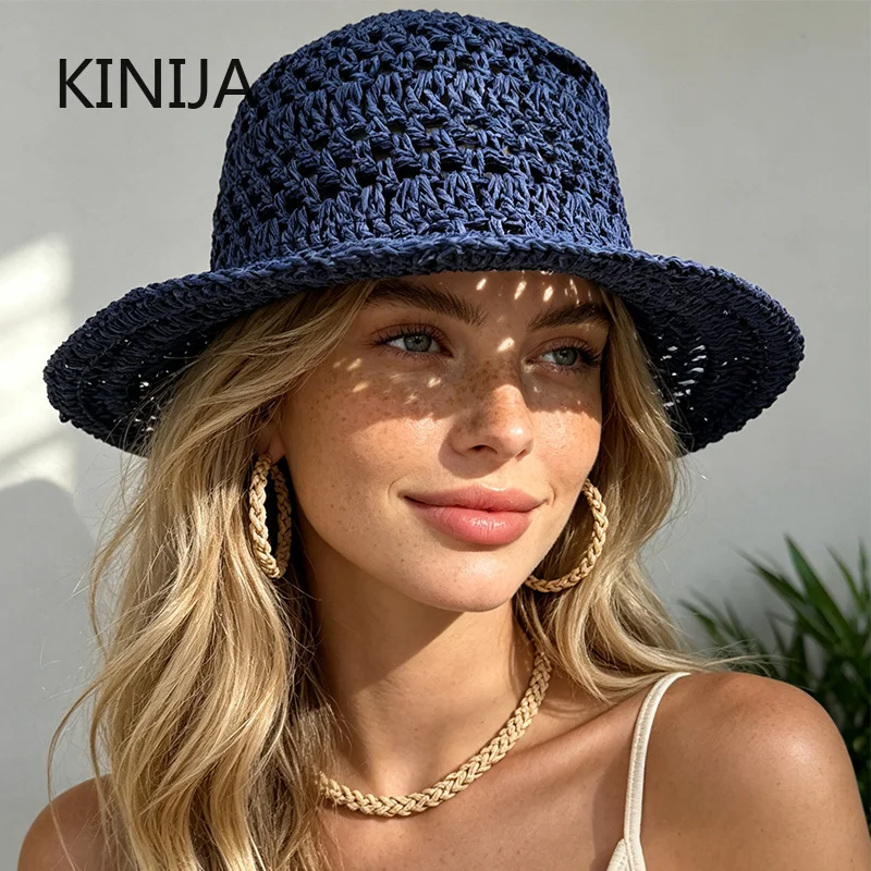 Sommer-Sonnenhüte für Damen, handgefertigter Strohhut, Gesichtsflächenerweiternder kleiner Bucket Hat mit großer Krempe, Sonnenschutz, Strandkappe