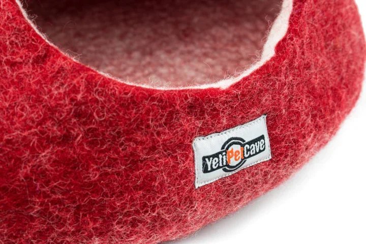 Premium Quality Soft & Comfortable Yeti Pet Cave Pet Bed for Cats and Small Dogs, 100% New Zealand Wool Red (4 caves per case)