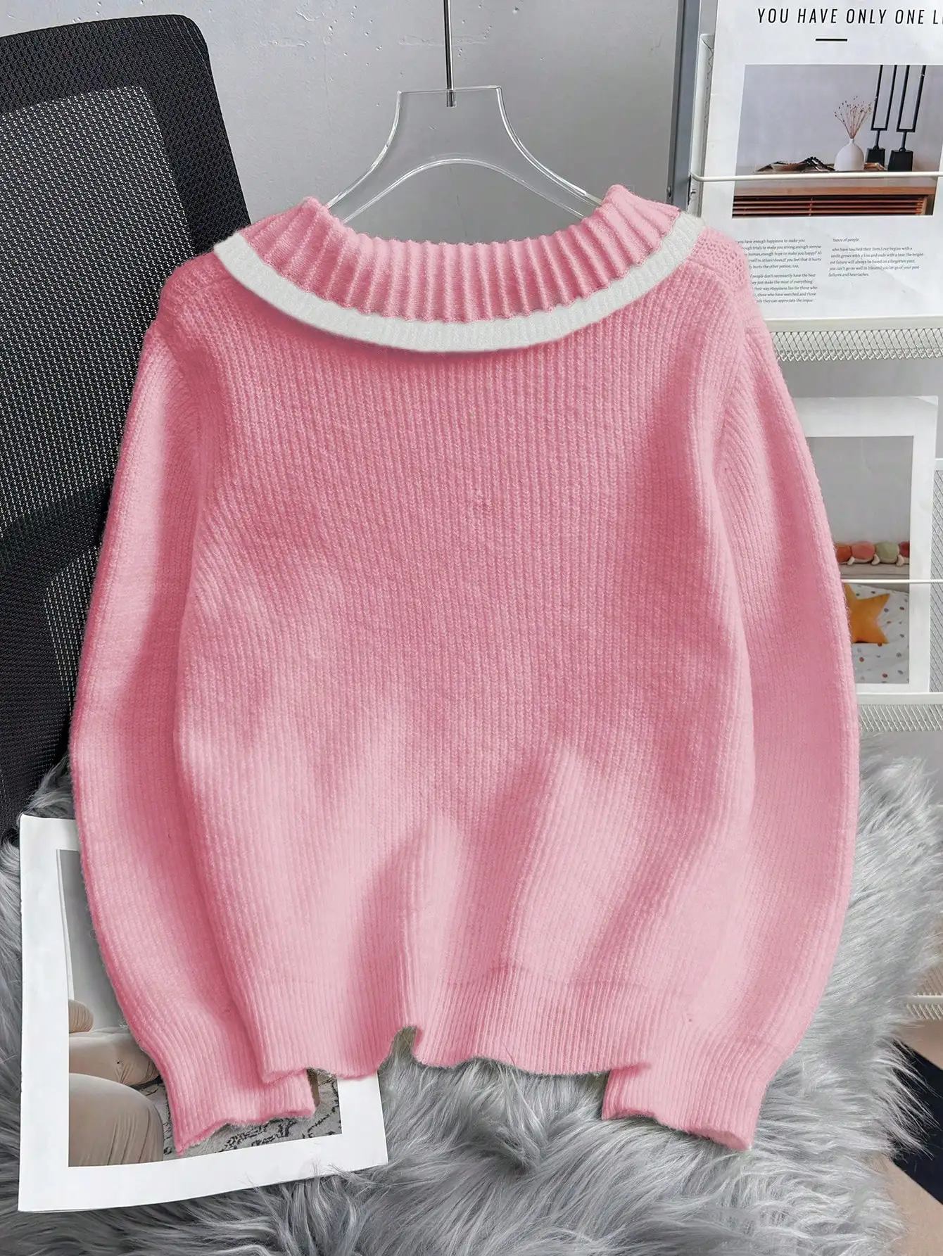 Women's Fall Winter Peter Pan Collar Sweater, Soft Ribbed Knit Pullover Top, Loose Fit Casual Blouse for Daily Wear and Comfort