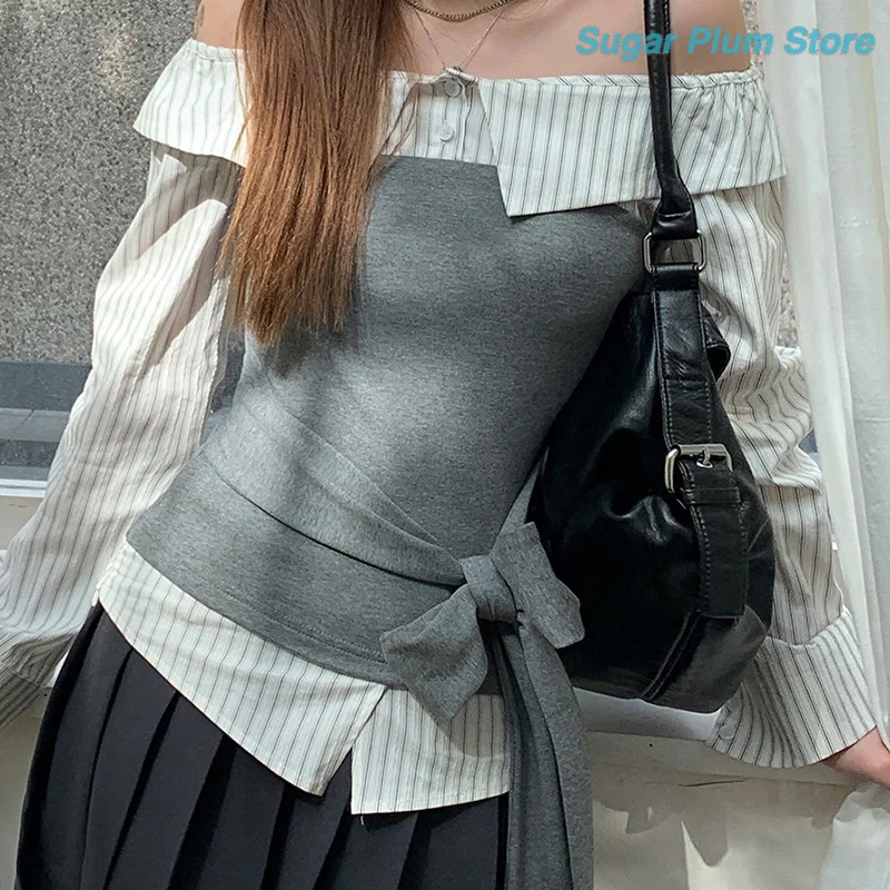 Sweet Wind Girl Autumn New Loose Off-the-shoulder Shirt Striped Color Matching Bow Strap Soft Breathable Fresh Dating Trend Top.