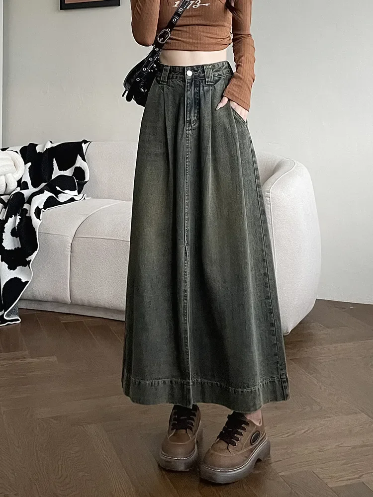 American Retro High Waist Split Denim Skirts For Women Autumn Winter Casual Loose Wash A-line Jeans Skirt Female