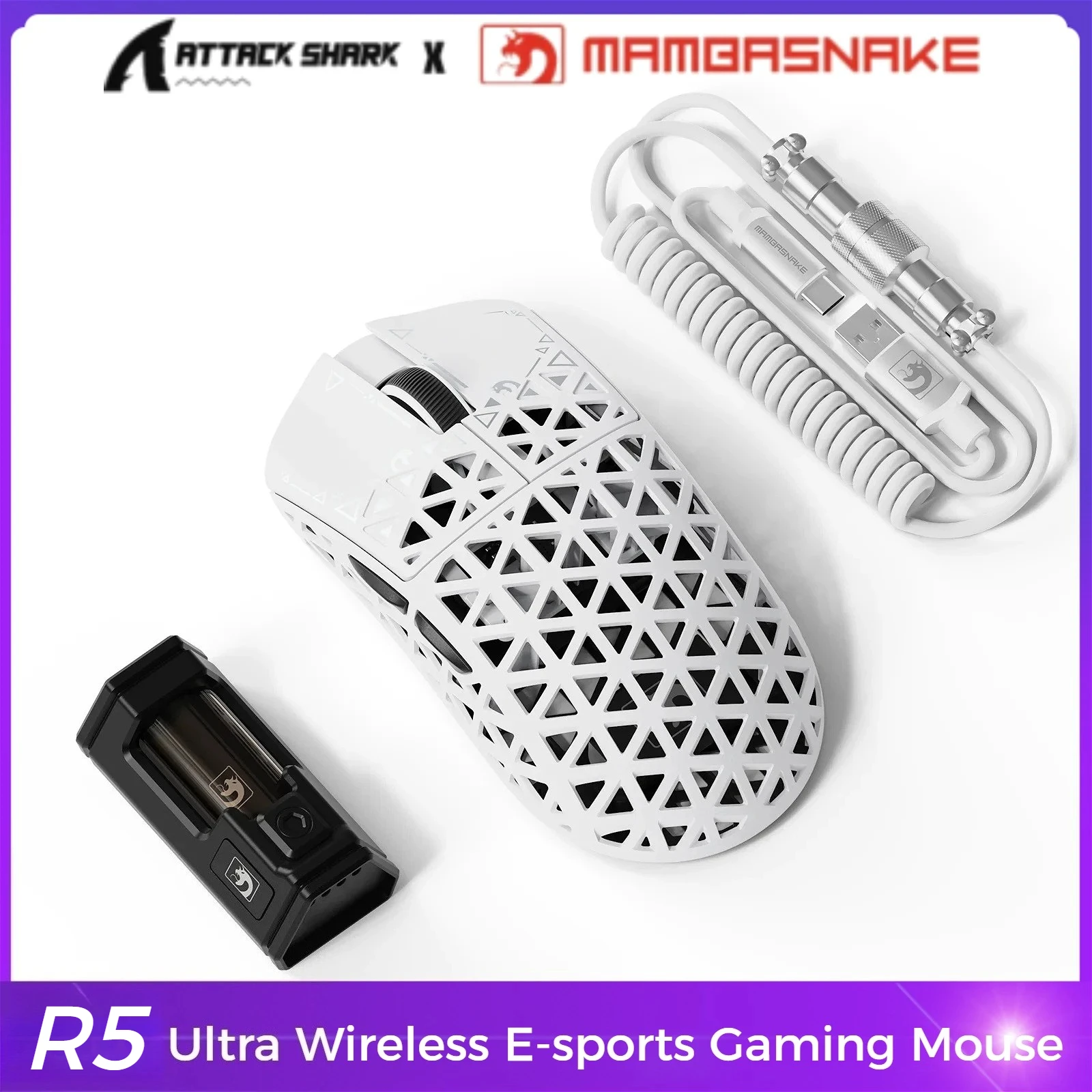 MAMBASNAKE x ATTACK SHARK R5 Ultra Wireless E-sports Gaming Mouse Tri-mode Bluetooth 8K Mouse 39g Lightweight PAW3950 42000DPI