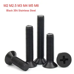 Black 304 Stainless Steel Cross Countersunk Head Screws Phillips Flat Head Screws M2 M2.5 M3 M4 M5 M6