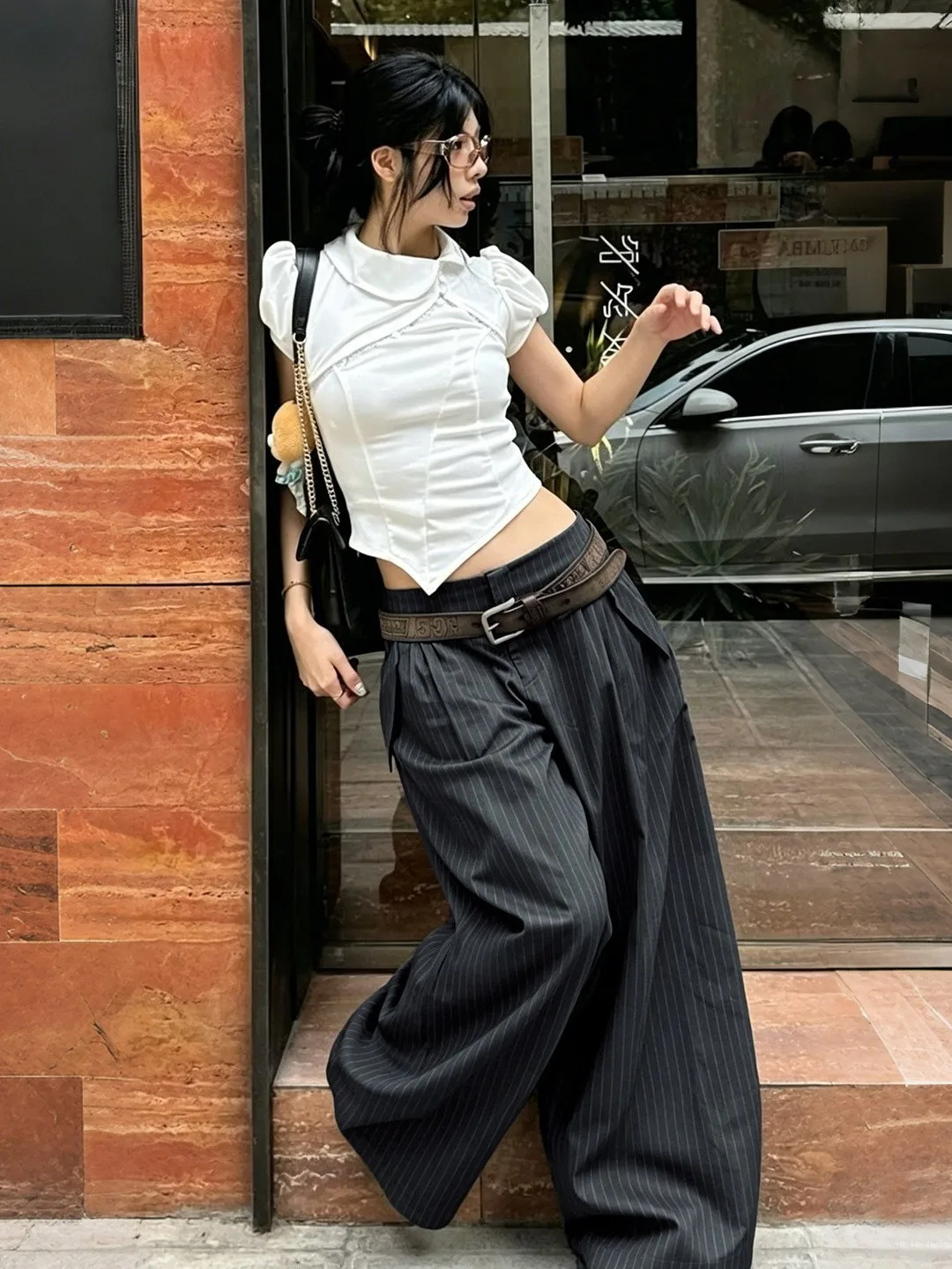 Vertical Striped Wide Leg Woven Pants Loose Fit Casual Trousers Low Waist Straight Tube Pants Female Fashion PVC Material