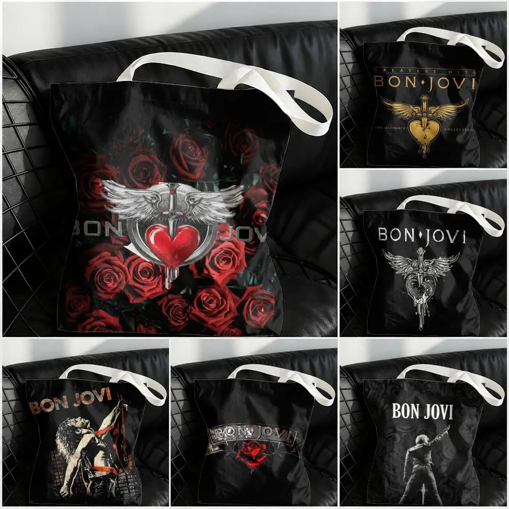Band B-Bon Jovi  Storage Bags Large Structured Canvas Tote Bag Reusable Shopping Shoulder Bag Casual Handbag