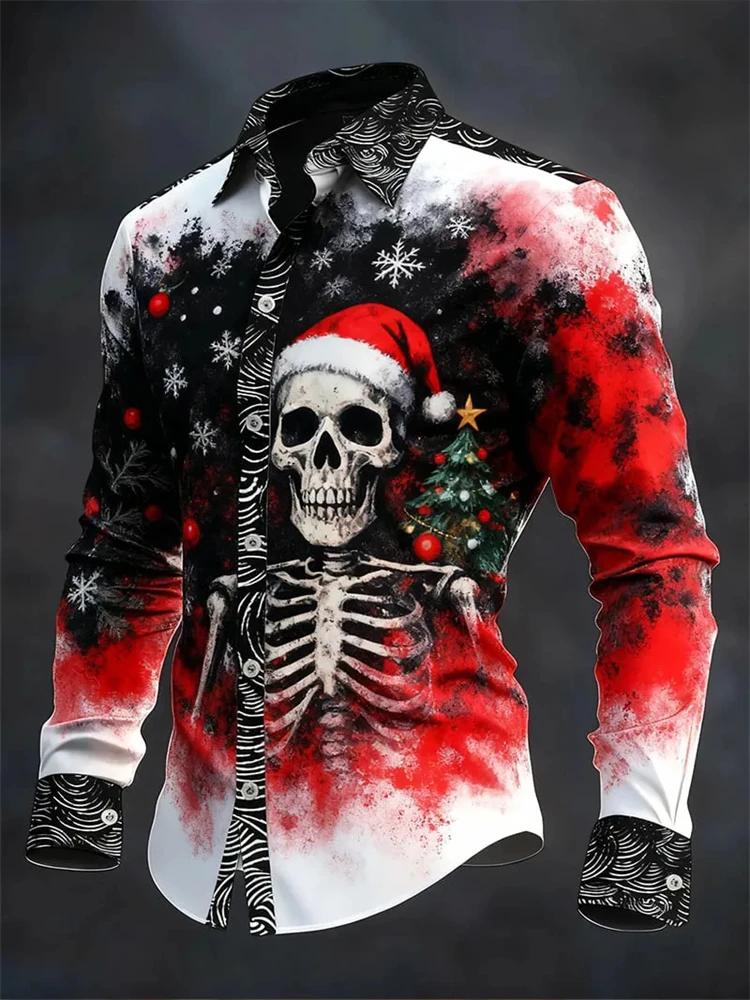 Men's New Autumn 2026 Halloween Long-Sleeve Shirt Vintage Skull Flame and Heart Print Button-Down Collar Festive Party Top
