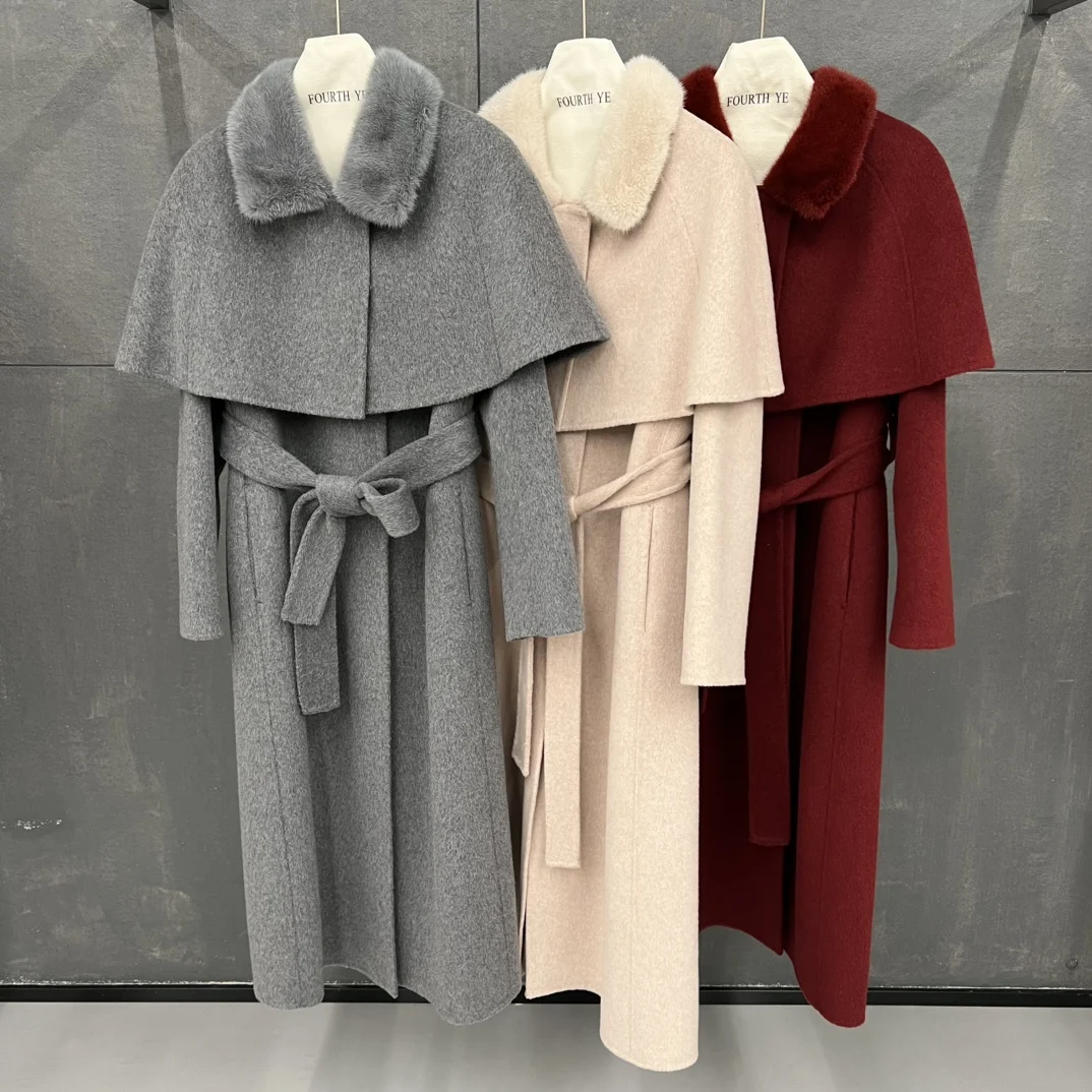 

Autumn And Winter New Elegant Luxury Mink Cloak Slim Red Cashmere Coat For Women