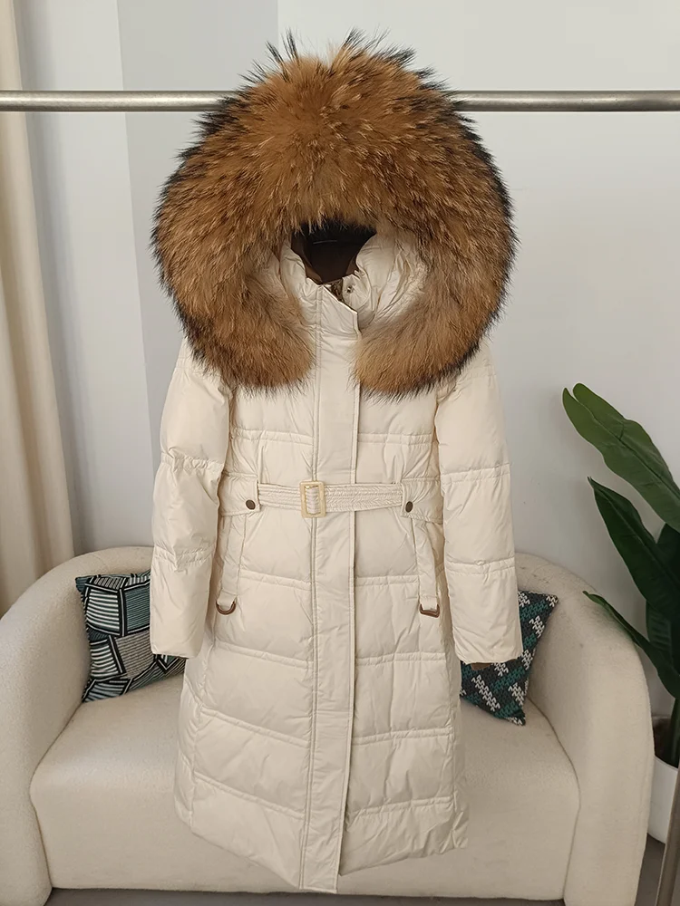 معطف نسائي لعام 2025 بياقة من فرو الثعلب الراكون الحقيقي وطبيعي سميك ودافئ معطف شتوي طويل وحزام ملابس خارجية ملابس خروج #1