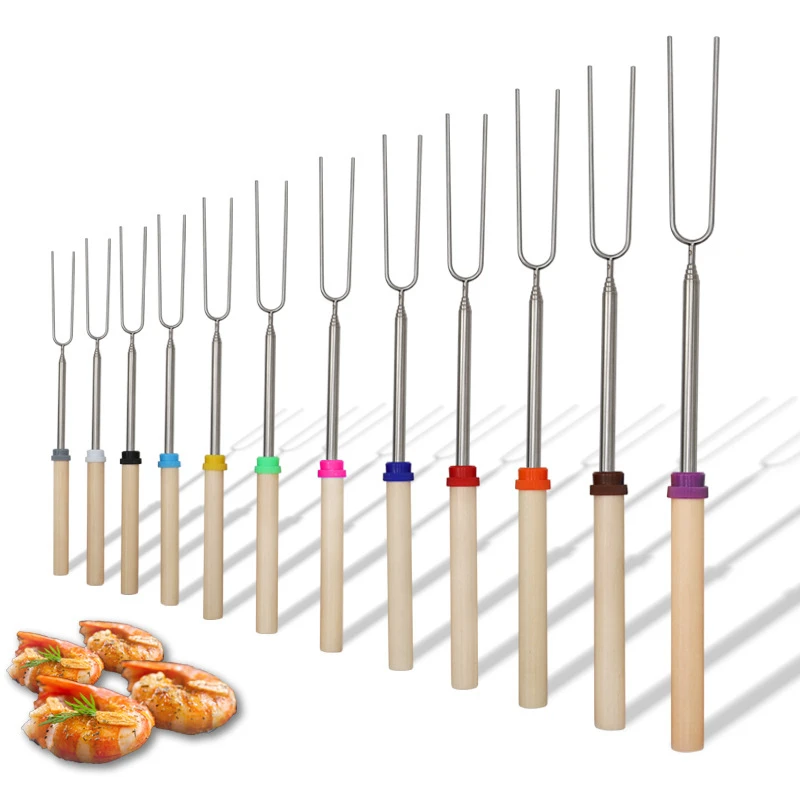 8PC Outdoor BBQ Stainless Steel Telescopic Barbecue Fork U-shaped Barbecue Stick with Wooden Handle Camping Bbq Tools Bbq