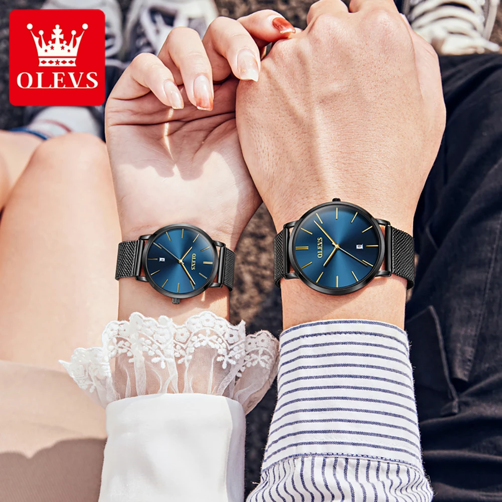 OLEVS 5869 Ultra Thin 6.5mm Quartz Couple Watches for Men Women Mesh Strap Waterproof Auto Date Minimalist Lover's Wristwatches