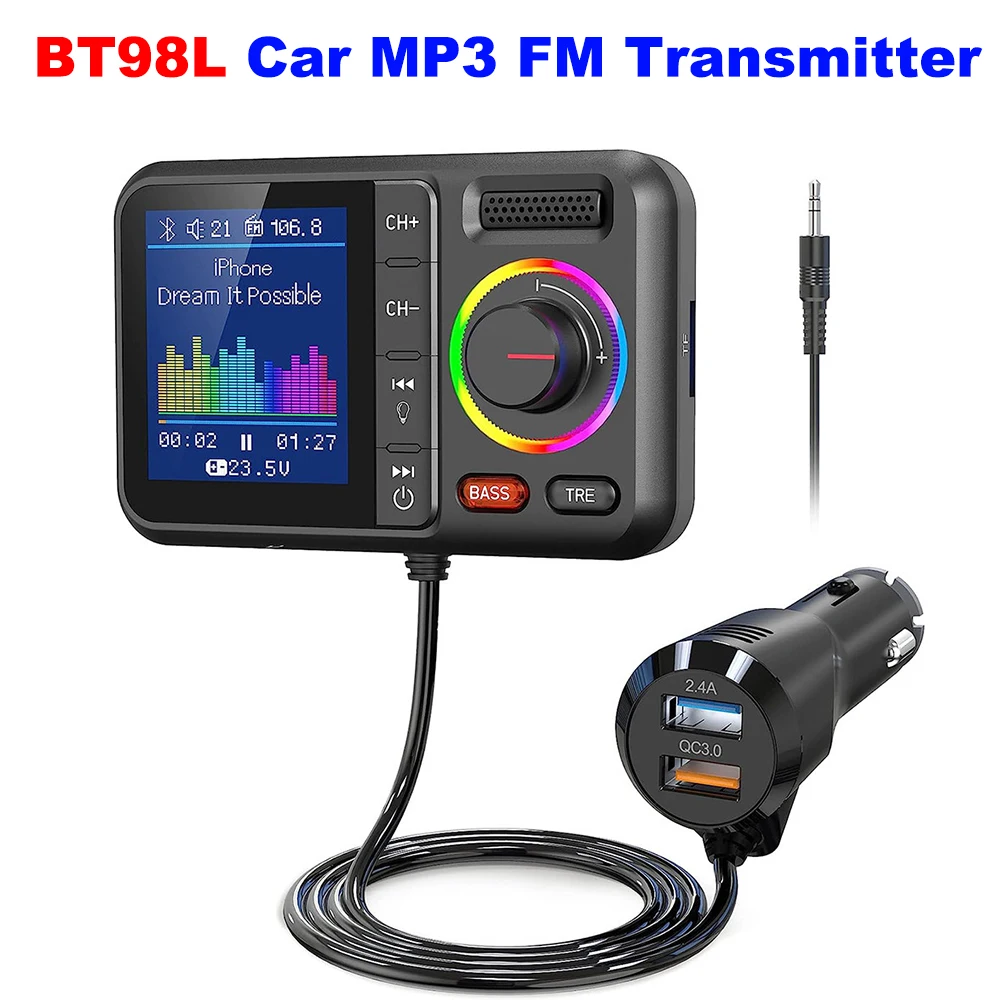 Wireless FM Transmitter with Big Color Screen 2.4A QC3.0 Dual USB Fast Charging Hands-Free Call Car AUX Adapter MP3 Music Player
