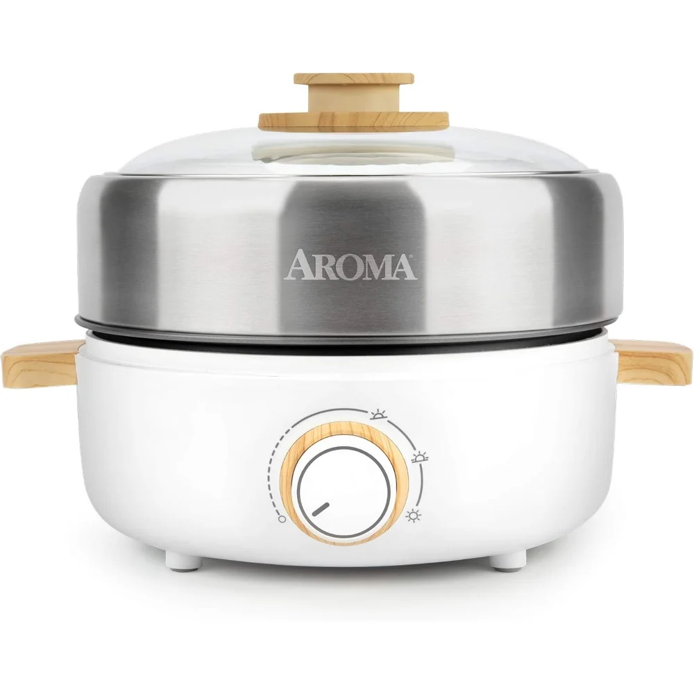

Indoor Grill, Cooking, Hot Pot with Glass Lid, Bamboo Handles, 2.5L, Stainless Steel/White