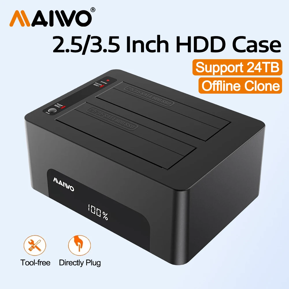 

MAIWO Dual Bay 2,5 3,5-дюймовый корпус SATA HDD/SSD Внешний док-станция для жесткого диска 24 ТБ SATA-USB 3.0 HDD-корпус с цифровой подсветкой