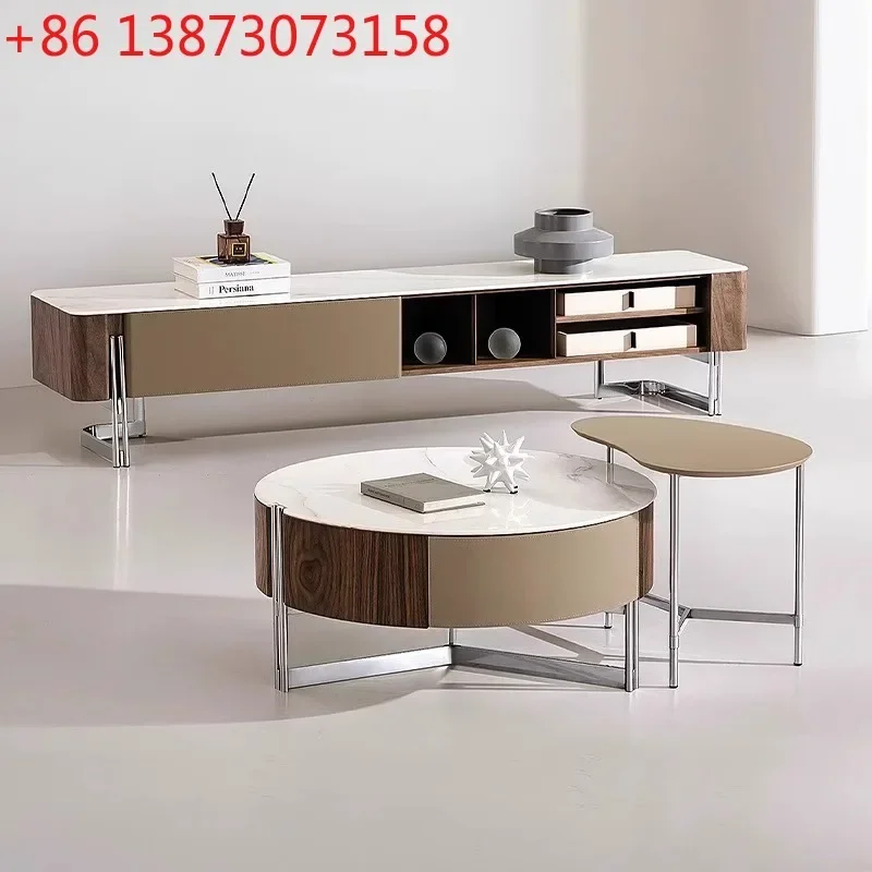 Italian minimalist round coffee table TV cabinet microcrystalline stone light luxury high-end living room home