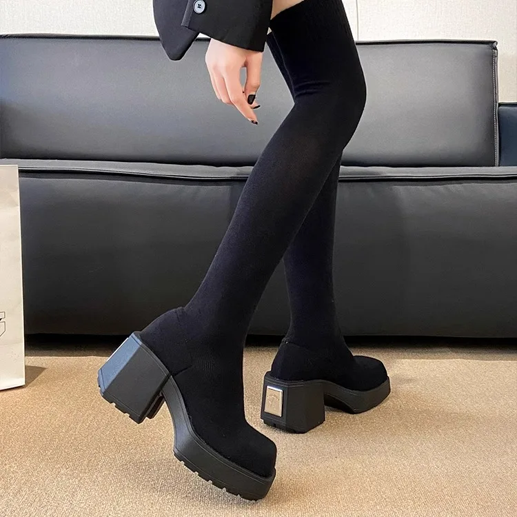 Brand Women\'s Shoes Autumn Boots Boots-Women Sexy Thigh High Heels High Sexy Fashion 2024 Stockings Over-the-Knee Ladies