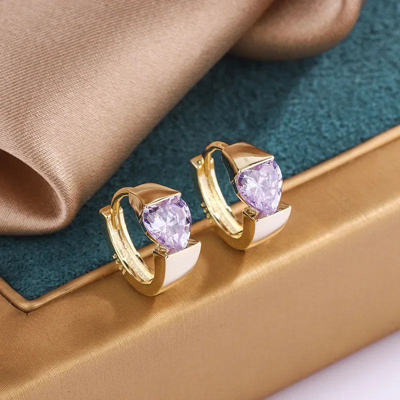 New Korean Gold Color Heart Red Purple Pink Zircon Hoop Earrings for Women Fashion Creative  Elegance Party Jewelry