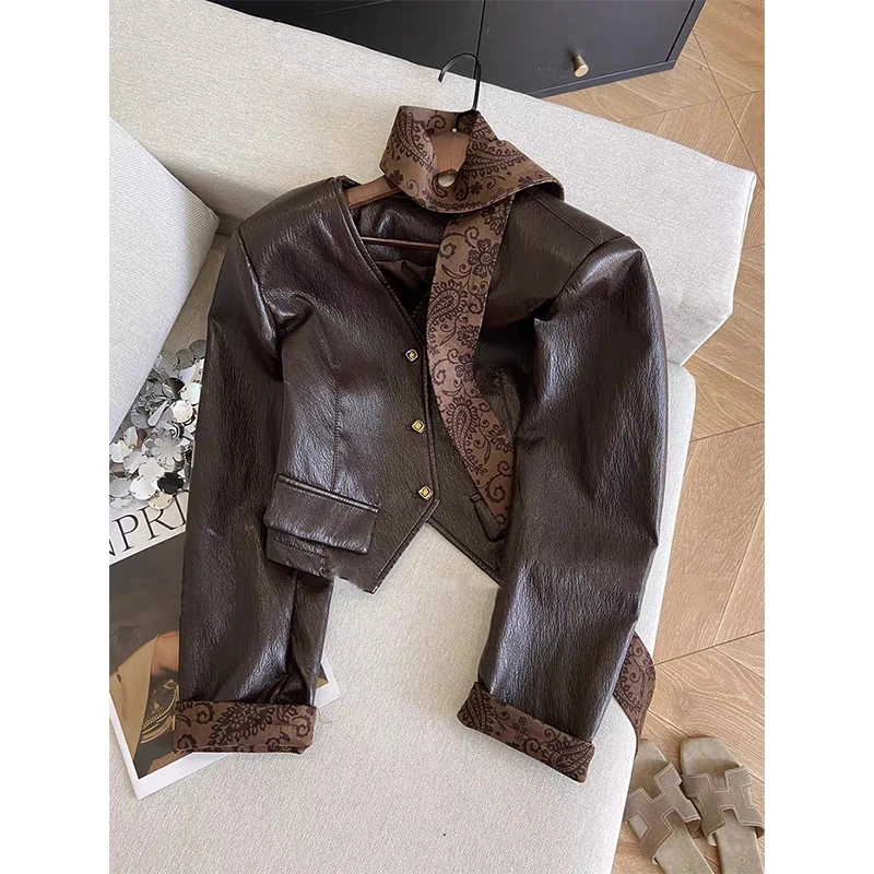 

Vintage Tie Pu Leather Jacket Women Streetwear Cropped Patchwork Coats Autumn Winter Harajuku V Neck Long Sleeve Outerwears New