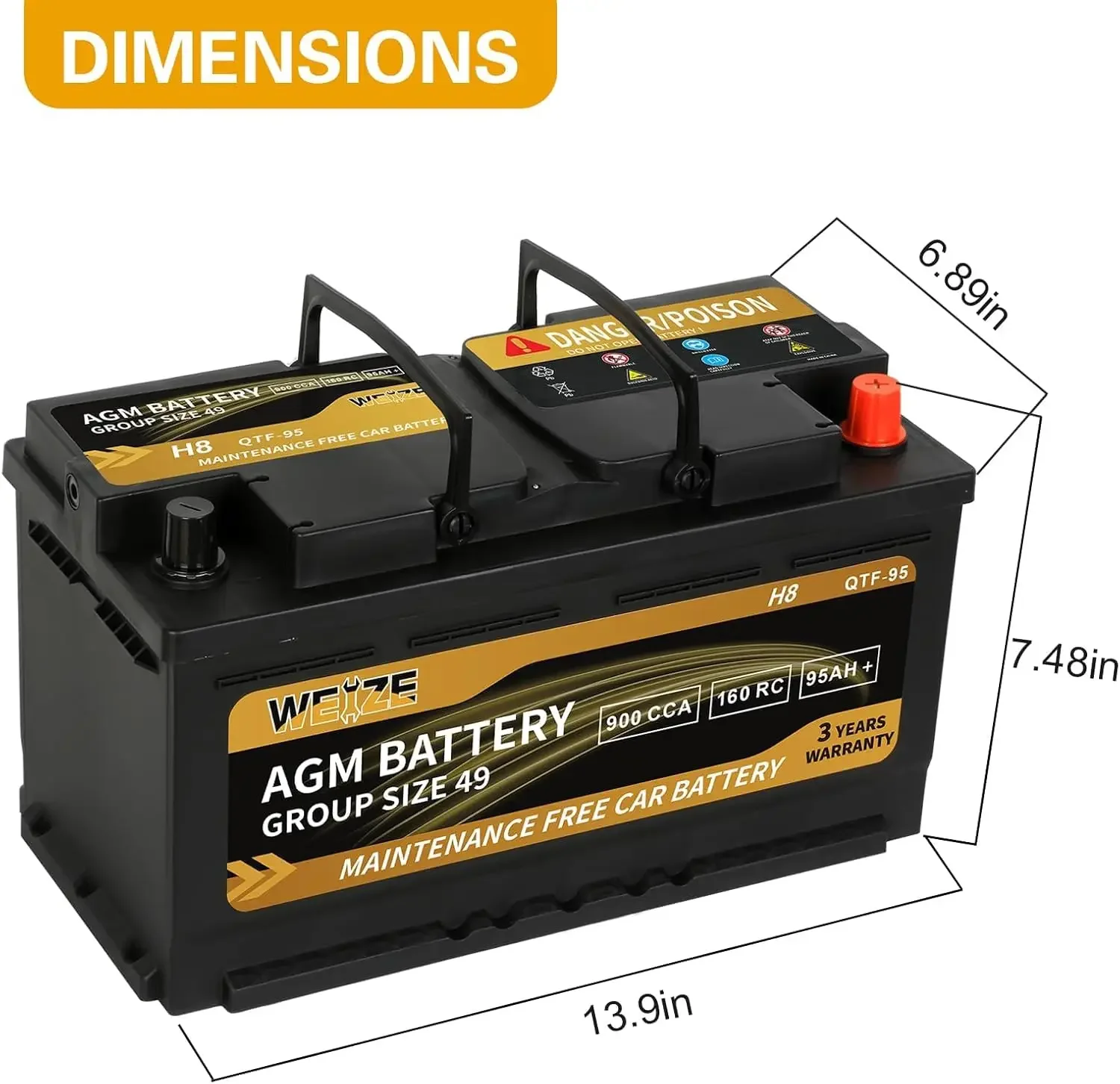 Platinum AGM Battery BCI Group 49-12v 95ah H8 Size 49 Automotive Battery, 160RC, 900CCA, 36 Months Warranty