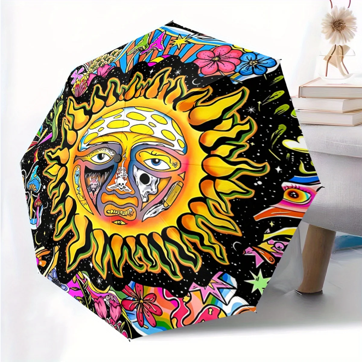 

1pc Automatic Open/close Folding Umbrella - Hippie Sun Pattern with Floral, Portable Compact Travel Umbrella, 8-Rib Sturdy Fra