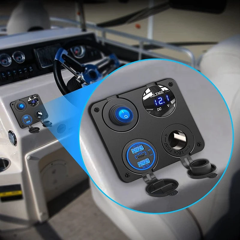 2X Marine Boat RV 12V Charger Socket Panel, 4 In 1 DC Power 12V Outlet Panel Multi USB Fast Charger With Toggle Switch