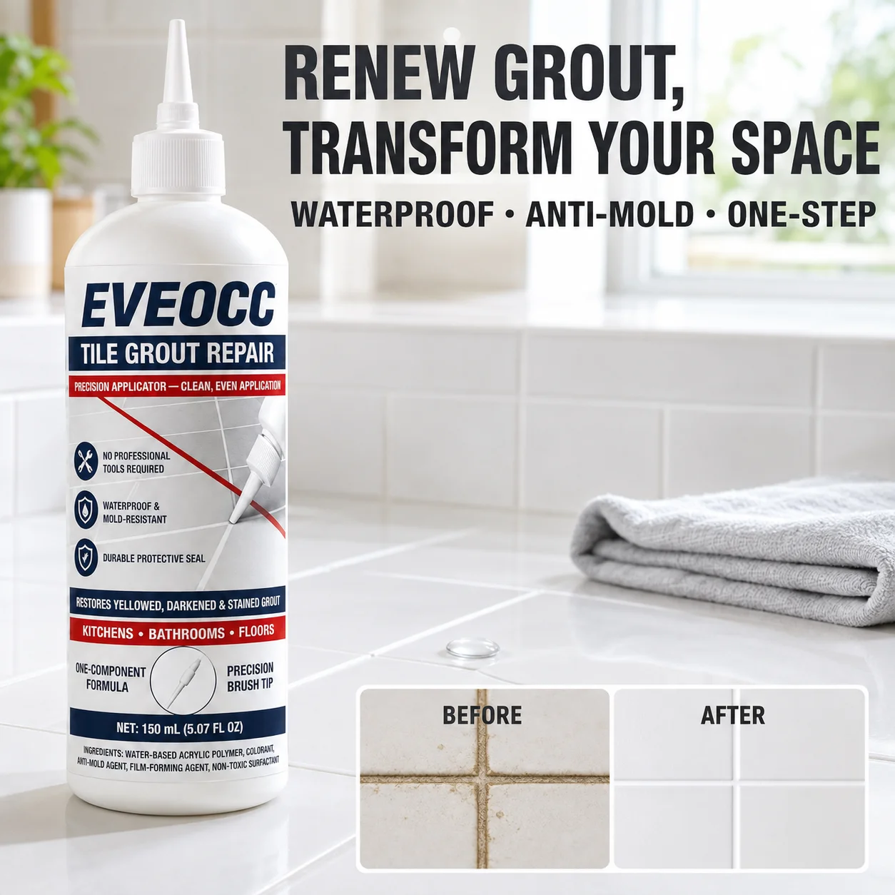 Tile Grout Repair Cream with Precision Applicator, Restore Yellowed Darkened Grout, Waterproof Anti-Mold Sealant 150ml