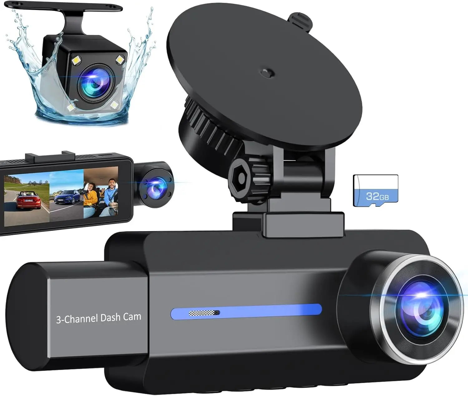 

Channel 2.5K Cam, 1440P Cam Front and Rear Inside, Camera for Cars, Triple Car Camera with 32GB Card, G-Sensor, 24Hr Parking,
