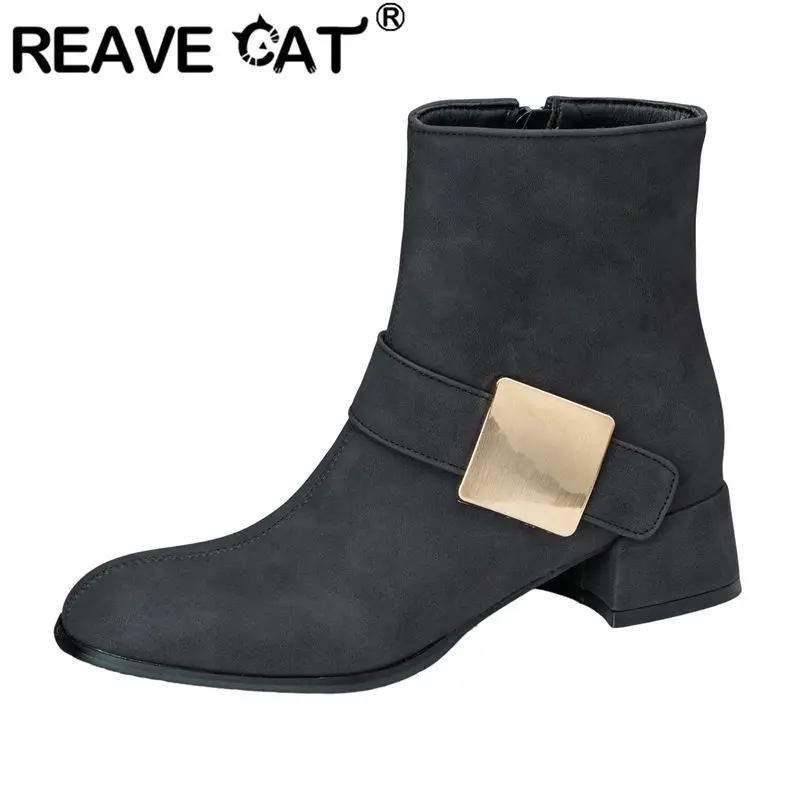 

REAVE CAT 2025 Женская обувь с низким вырезом и круглым носком на блочном каблуке 4 см, металлические шлепанцы, большой размер 46 47 48, повседневная обувь Bota