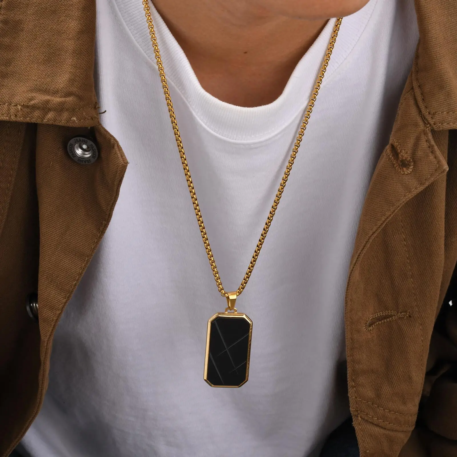 Stilvolle Erkennungsmarken-Halsketten für Männer und Jungen, Halskette mit quadratischem Anhänger aus Edelstahl, Punk-Schmuck, Vatergeschenke – Detail 3